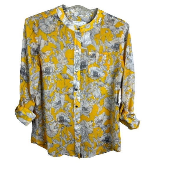 Liz Claiborne Gorgeous Spring Summer Yellow Floral Blouse Roll Tab Sleeves PSml - Picture 11 of 11